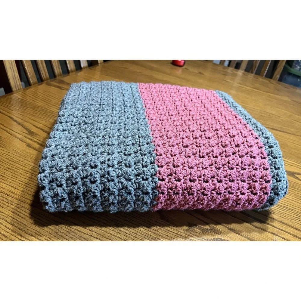 Handmade Crochet Striped Afghan Blanket Pink Gray 45x40 Cozy‎ Cottagecore